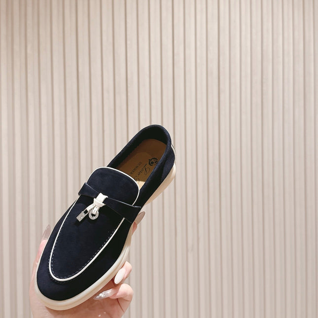 LP LOAFERS 25S IN CHARCOAL BLACK SUEDE WITH SILVER HARDWARE