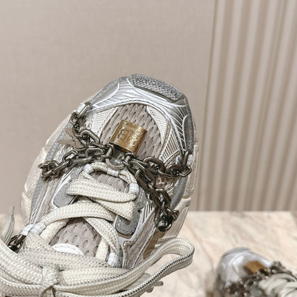 BALENCIAGA 25S 3XL SNEAKERS CHAIN-PADLOCK IN BEIGE MESH FABRIC AND SILVER PU