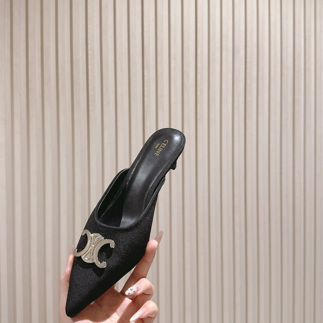 CELINE 25S ALMA TRIOMPHE MULE 45MM IN BLACK DENIM SILVER HARDWARE