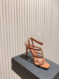 YSL 25S STILETTO HIGH-HEEL SANDALS 100 MM IN BROWN LAMBSKIN WITH GOLD HARDWARE