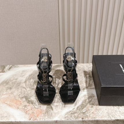 YSL 25S STILETTO HIGH-HEEL SANDALS 100 MM IN BLACK LAMBSKIN WITH GOLD HARDWARE