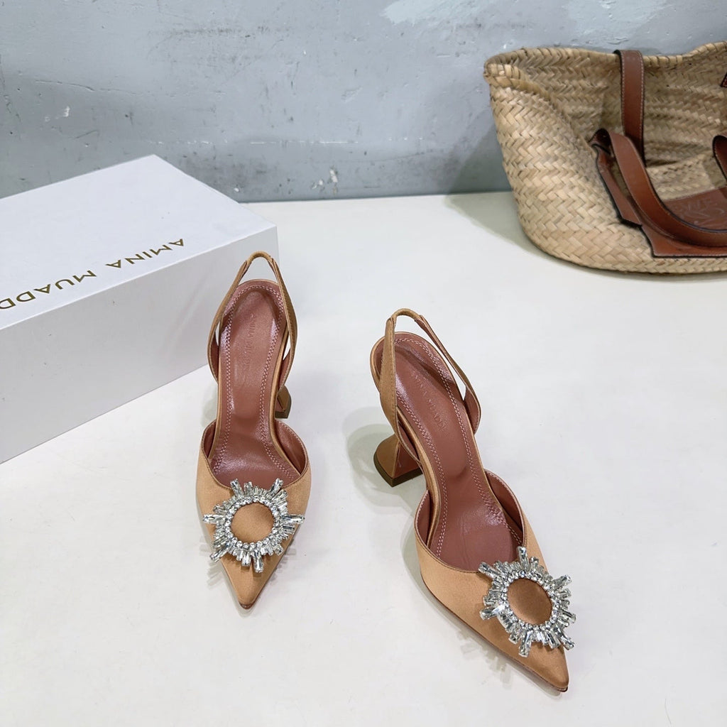 AMINA CRYSTAL HIGH HEELS 100MM IN BROWN SATIN