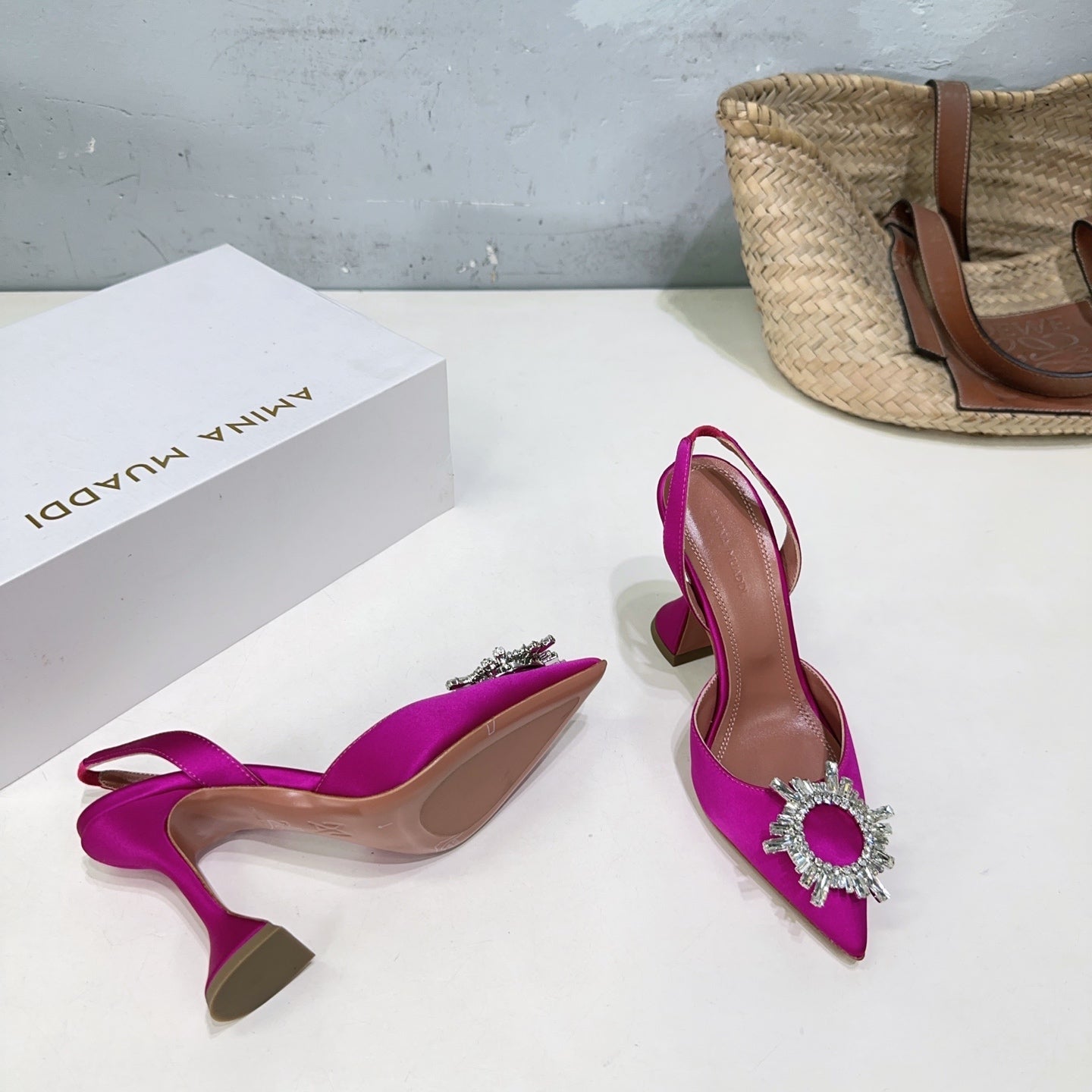 AMINA CRYSTAL HIGH HEELS 100MM IN PINK SATIN