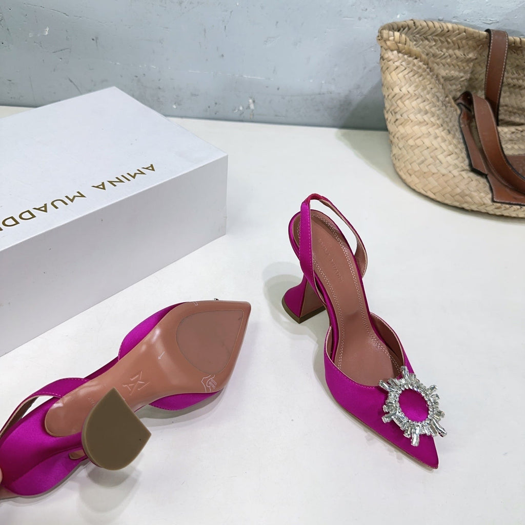 AMINA CRYSTAL 100MM HIGH HEELS IN FUCHSIA PINK SATIN