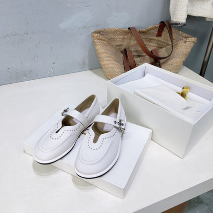 THE ROW 26S MARY JANE FLATS IN WHITE CALFSKIN SILVER HARDWARE