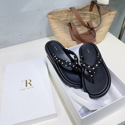 THE ROW 26S PLATFORM THONG SANDALS IN BLACK CALFSKIN & POLKA DOT CALF HAIR STRAPS