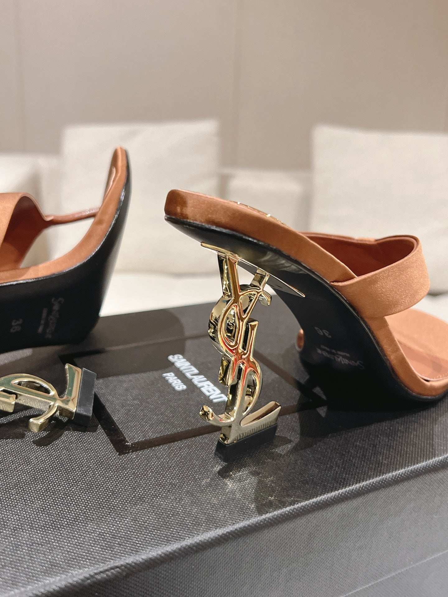 YSL 26S HEELED THONG SANDALS 85 MM IN TAN BROWN SATIN