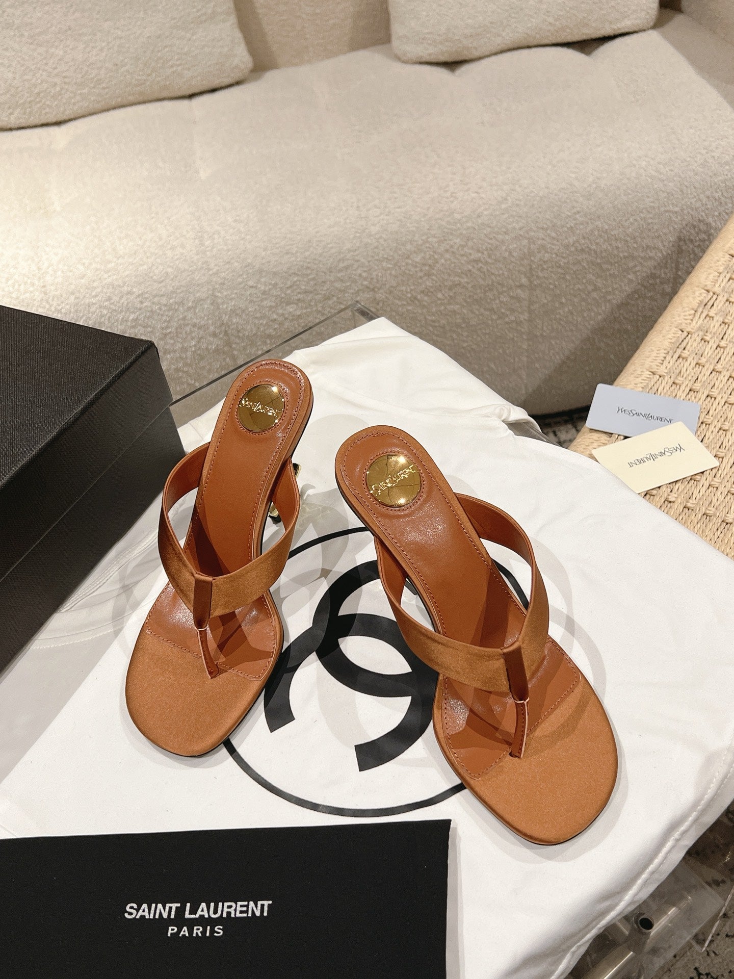 YSL 26S HEELED THONG SANDALS 85 MM IN TAN BROWN SATIN