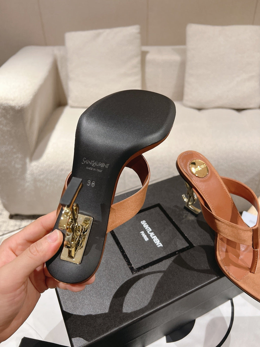 YSL 26S HEELED THONG SANDALS 85 MM IN TAN BROWN SATIN