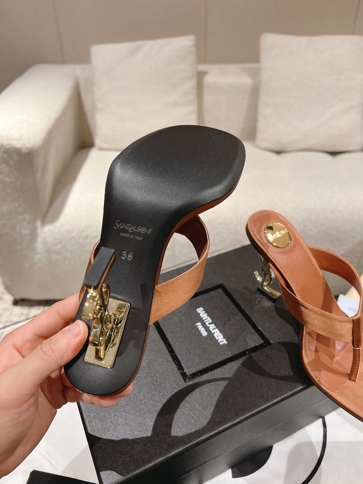 YSL 26S HEELED THONG SANDALS 85 MM IN TAN BROWN SATIN