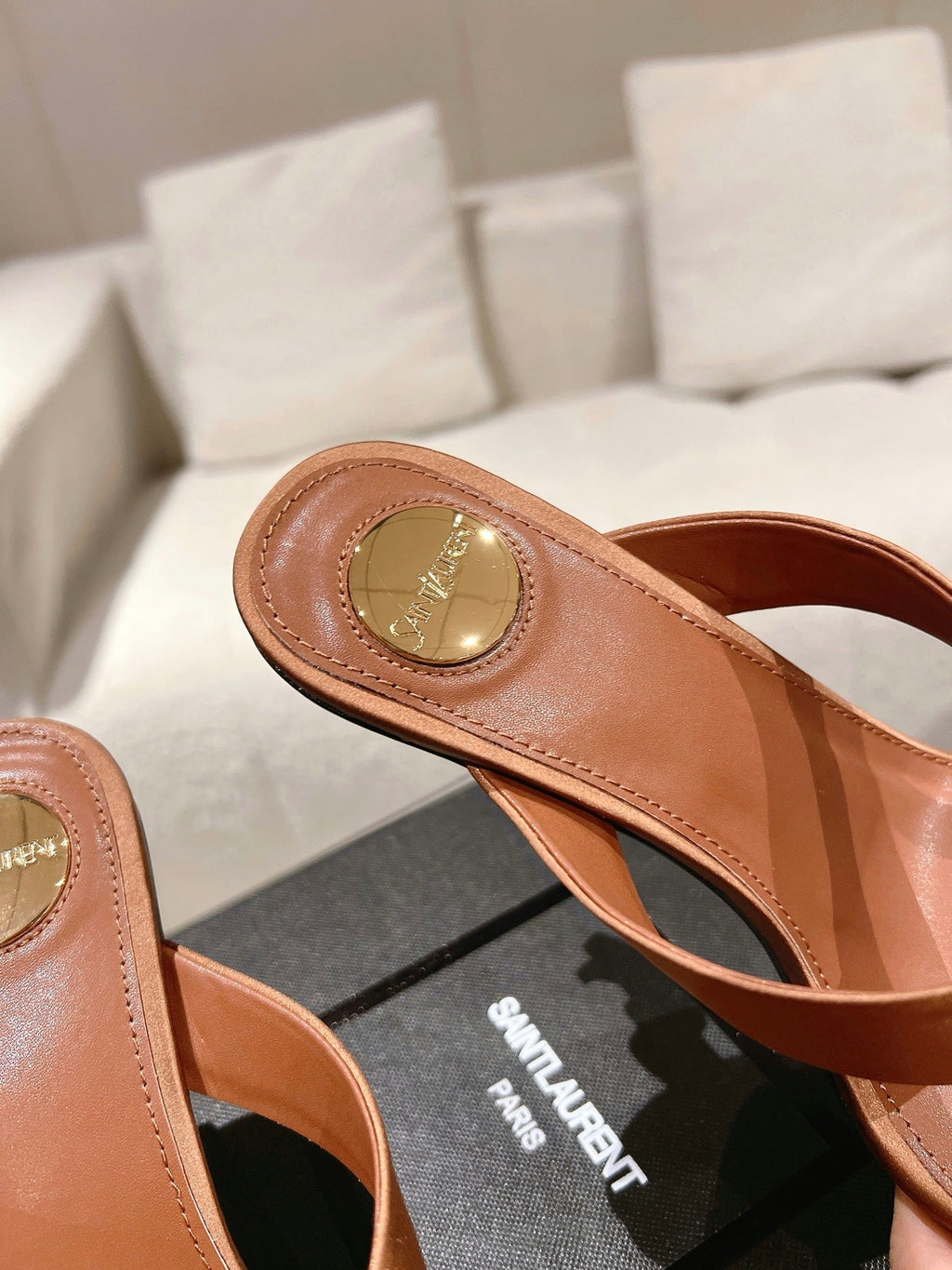 YSL 26S HEELED THONG SANDALS 85 MM IN TAN BROWN SATIN