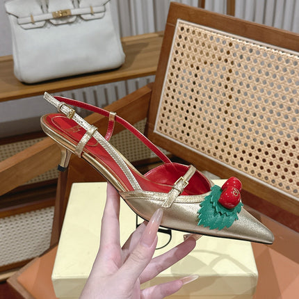 VALENTINO 26S SLINGBACKS 45 MM IN LIGHT GOLD CALFSKIN CHERRY DETAILS