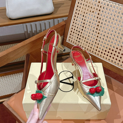 VALENTINO 26S SLINGBACKS 45 MM IN LIGHT GOLD CALFSKIN CHERRY DETAILS