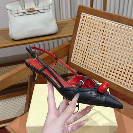 VALENTINO 26S SLINGBACKS 45 MM IN BLACK CALFSKIN CHERRY DETAILS