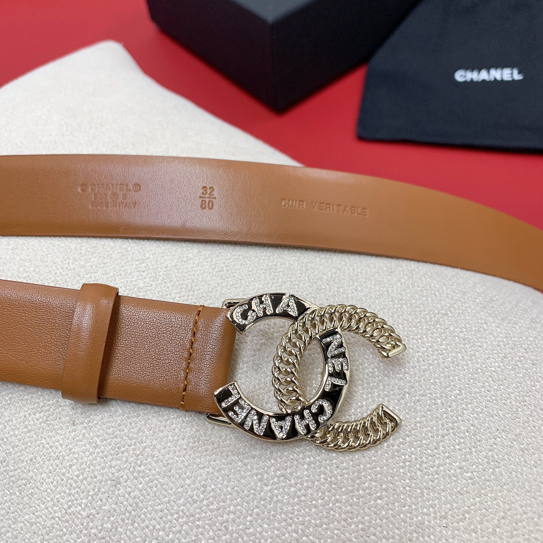CC MEDIUM 30 MM BELT BRONZE BROWN CALFSKIN GOLD HARDWARE WITH LETTER