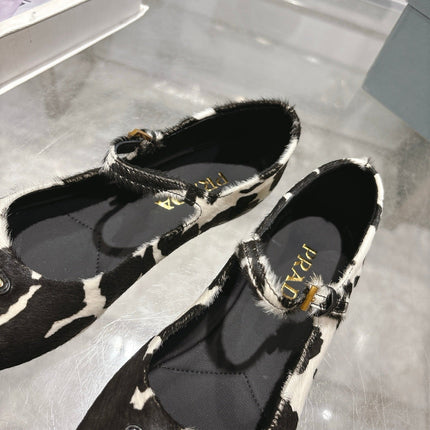 PRADA 25S MARY JANE BALLETS IN BLACK MIX CREAM WHITE HORSEHAIR FABRIC