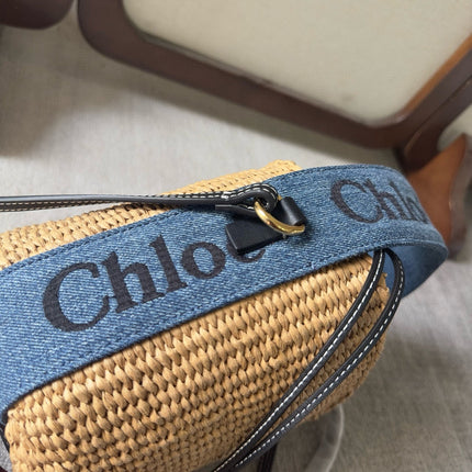 SMALL WOODY BASKET 17 IN NATURAL FIBERS BLUE DENIM BLACK CALFSKIN