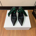 BALMAIN 25S BAKARI MULE WITH GREEN POLKA DOTS ON BLACK STRAP 95MM IN BLACK CALFSKIN