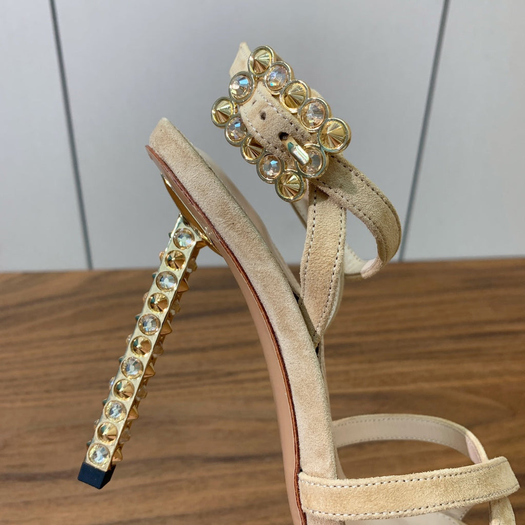 GIANVITO ROSSI 26S CRYSTAL HEELS 105 MM IN BEIGE SUEDE
