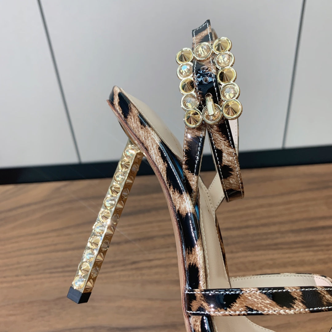 GIANVITO ROSSI 26S CRYSTAL HEELS 105 MM IN LEOPARD PRINT PATENT LAMBSKIN