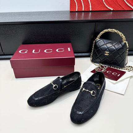 GUCCI HORSEBIT LOAFERS IN BLACK CRYSTAL MESH GOLD HARDWARE
