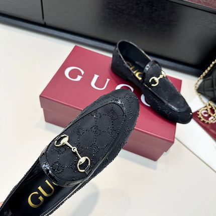 GUCCI HORSEBIT LOAFERS IN BLACK CRYSTAL MESH GOLD HARDWARE