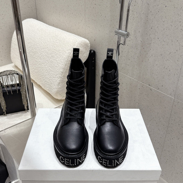 CELINE 26S CHUNKY-SOLE COMBAT BOOTS IN BLACK CALFSKIN