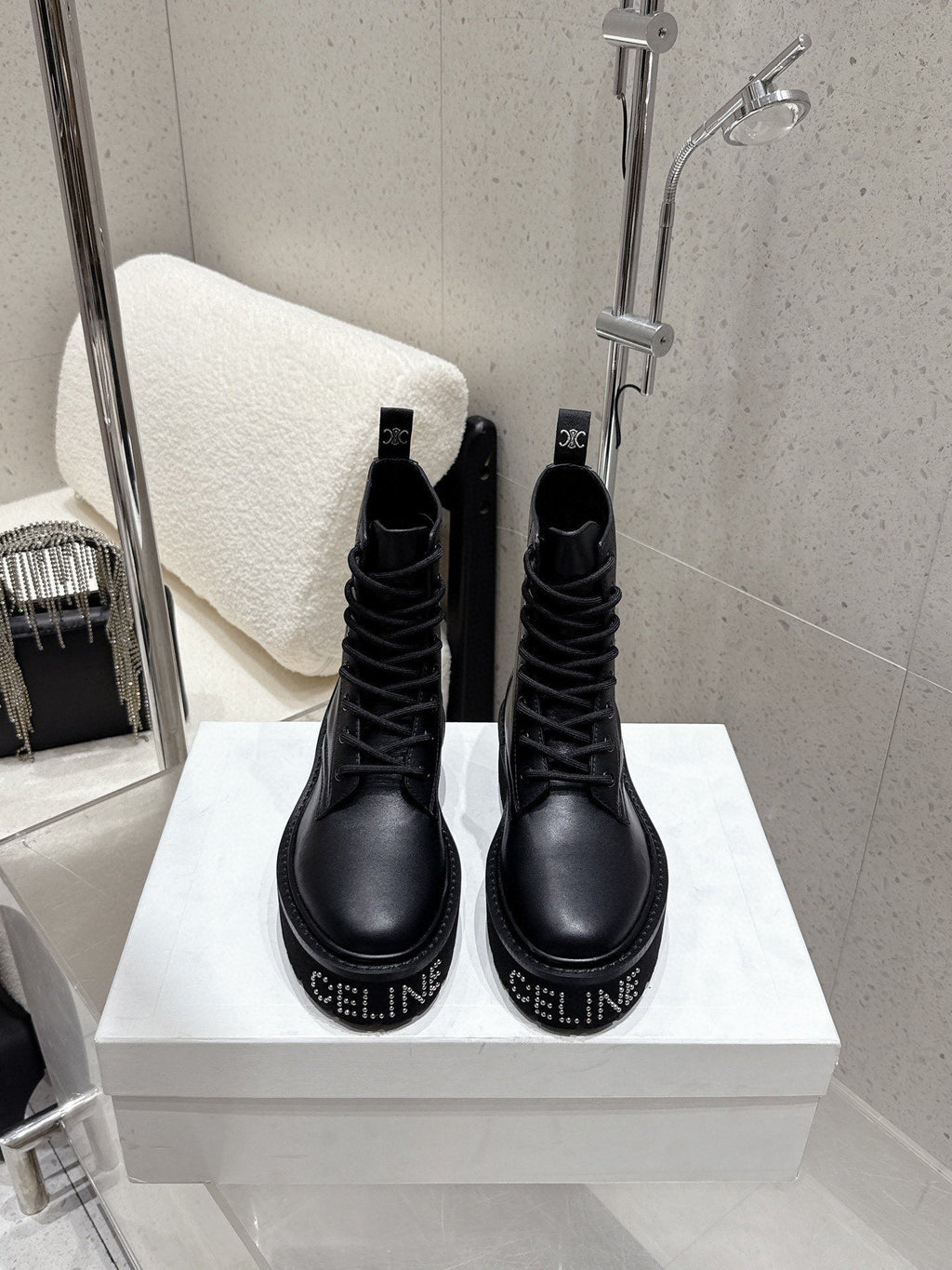 CELINE 26S CHUNKY-SOLE COMBAT BOOTS IN BLACK CALFSKIN
