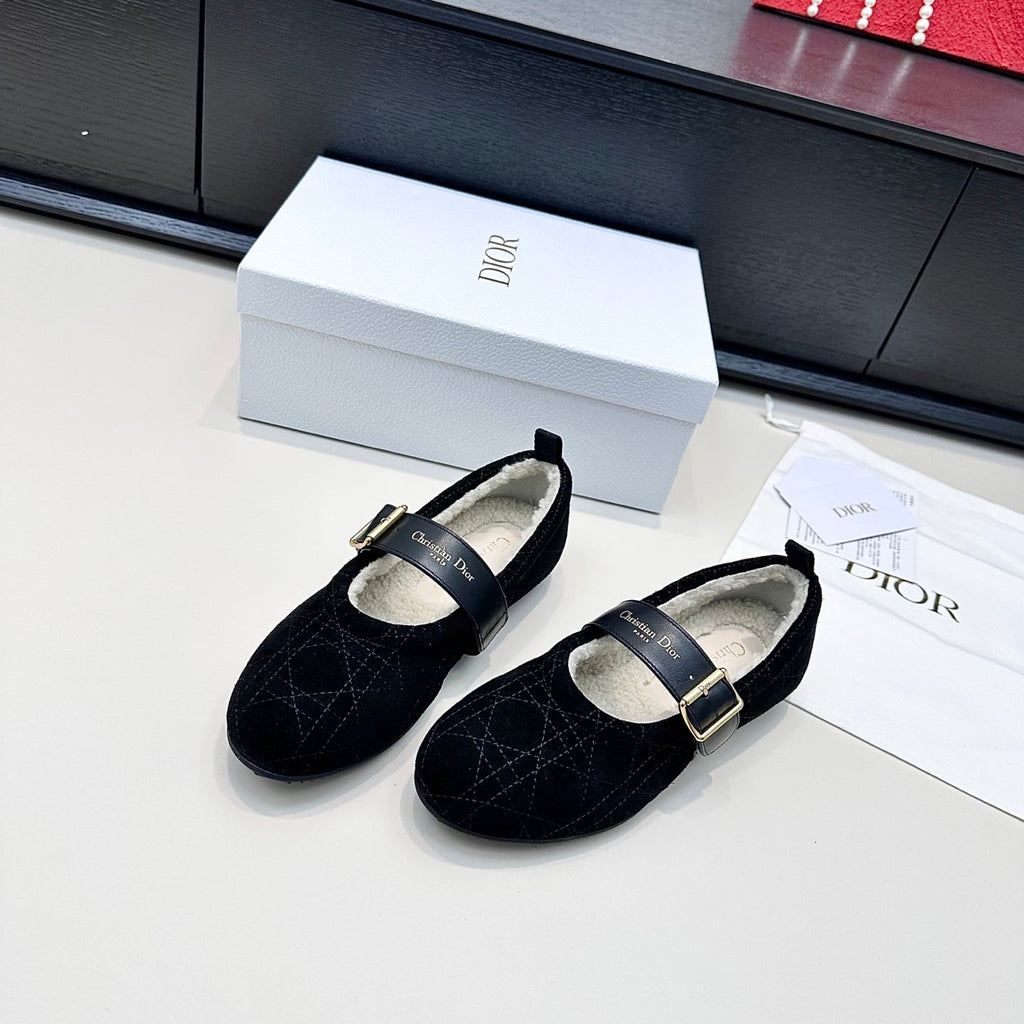 DIOR 26S FROST BALLET FLAT IN BLACK CANNAGE SUEDE AND CALFSKIN