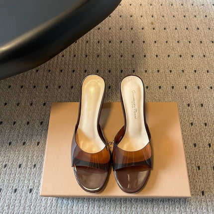 GIANVITO ROSSI 26S HEELED SANDALS 75 MM IN DARK BROWN PATENT CALFSKIN AND PVC