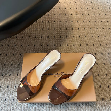 GIANVITO ROSSI 26S HEELED SANDALS 75 MM IN DARK BROWN PATENT CALFSKIN AND PVC