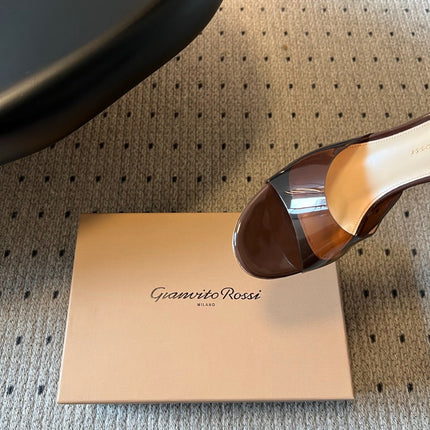 GIANVITO ROSSI 26S HEELED SANDALS 75 MM IN DARK BROWN PATENT CALFSKIN AND PVC