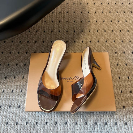 GIANVITO ROSSI 26S HEELED SANDALS 75 MM IN DARK BROWN PATENT CALFSKIN AND PVC