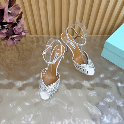 AQUAZZURA 26S CRYSTAL SANDALS 85 MM IN WHITE SATIN