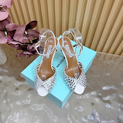 AQUAZZURA 26S CRYSTAL SANDALS 85 MM IN WHITE SATIN