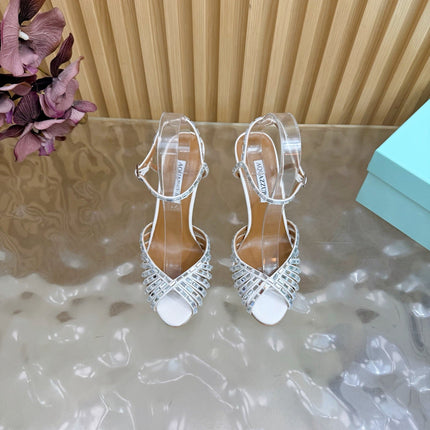 AQUAZZURA 26S CRYSTAL SANDALS 85 MM IN WHITE SATIN