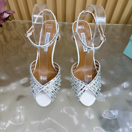 AQUAZZURA 26S CRYSTAL SANDALS 85 MM IN WHITE SATIN