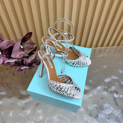 AQUAZZURA 26S CRYSTAL SANDALS 85 MM IN WHITE SATIN