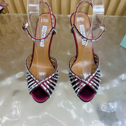 AQUAZZURA 26S CRYSTAL SANDALS 85 MM IN DARK RED SATIN