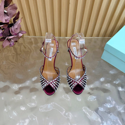 AQUAZZURA 26S CRYSTAL SANDALS 85 MM IN DARK RED SATIN