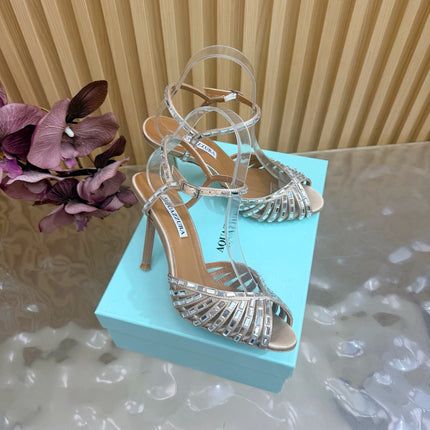 AQUAZZURA 26S CRYSTAL SANDALS 85 MM IN BEIGE SATIN