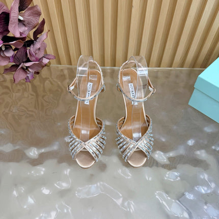 AQUAZZURA 26S CRYSTAL SANDALS 85 MM IN BEIGE SATIN