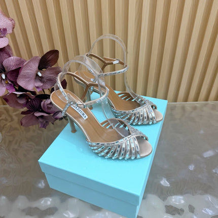 AQUAZZURA 26S CRYSTAL SANDALS 85 MM IN BEIGE SATIN