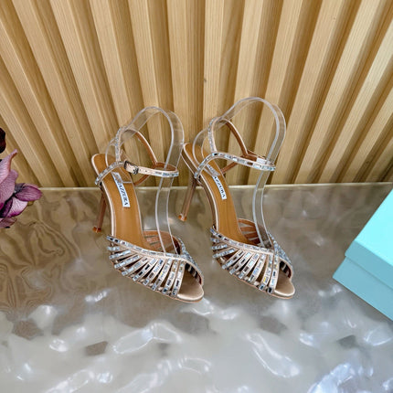 AQUAZZURA 26S CRYSTAL SANDALS 85 MM IN BEIGE SATIN