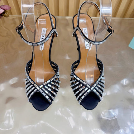 AQUAZZURA 26S CRYSTAL SANDALS 85 MM IN BLACK SATIN