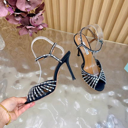 AQUAZZURA 26S CRYSTAL SANDALS 85 MM IN BLACK SATIN