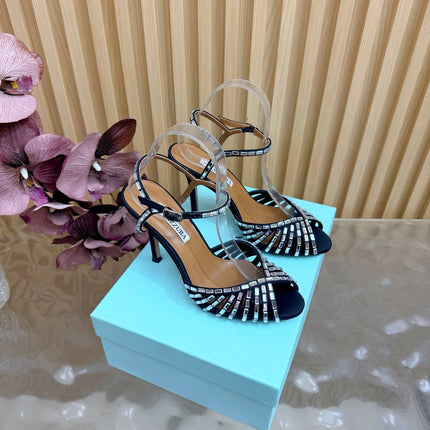 AQUAZZURA 26S CRYSTAL SANDALS 85 MM IN BLACK SATIN