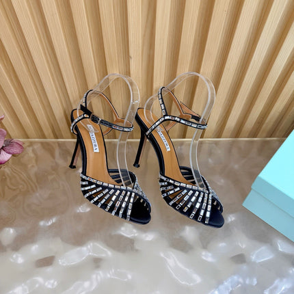 AQUAZZURA 26S CRYSTAL SANDALS 85 MM IN BLACK SATIN
