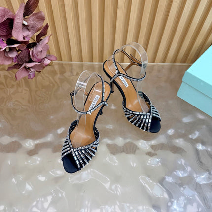 AQUAZZURA 26S CRYSTAL SANDALS 85 MM IN BLACK SATIN