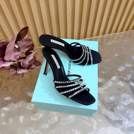 AQUAZZURA 26S CRYSTAL HIGH-HEEL SLIDES 85 MM IN BLACK SATIN